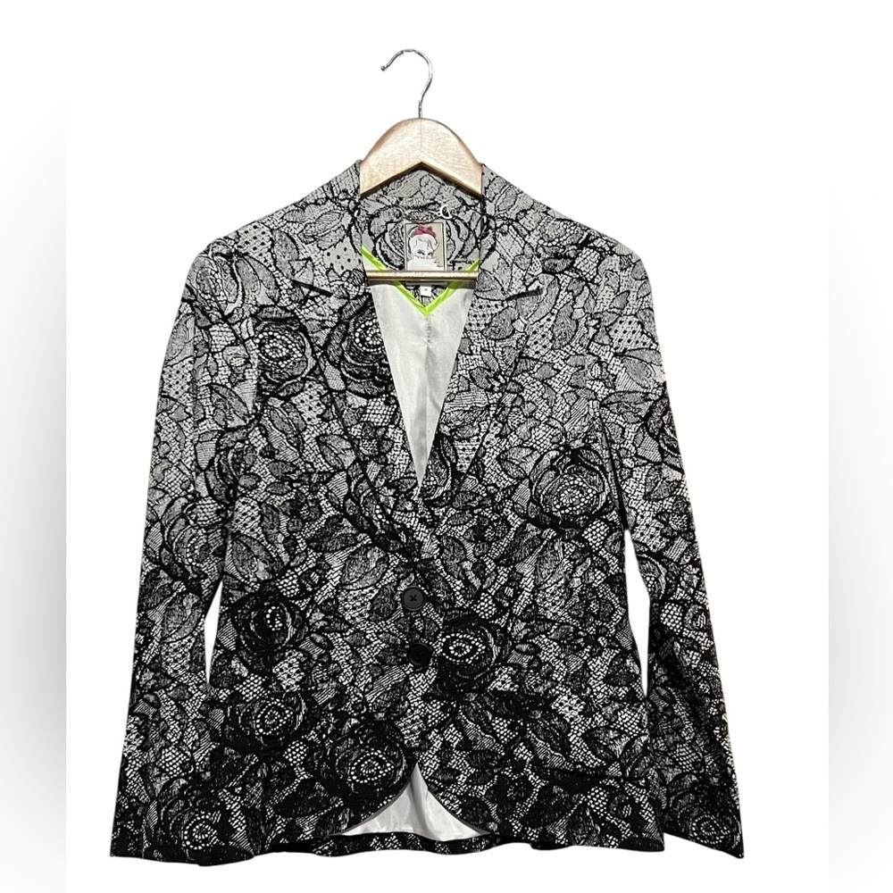 Anthropologie Jacket Yoana Baraschi 6 Black Faux Lace Silver Blazer Formal